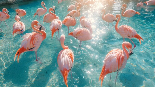 Pink flamingos congregate in sunlit waters, creating a captivating wildlife spectacle.