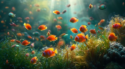 Fototapeta premium School of vibrant orange fish amidst underwater plants with sunbeams piercing through.