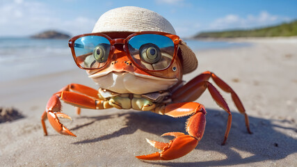 cheerful cute crab with glasses and hat on the beach. summer holiday at sea