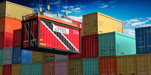 Freight shipping container with flag of Trinidad and Tobago on crane hook - 3D illustration