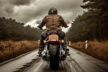 Zelfklevend Fotobehang Motorfiets Portrait of a male biker, strength freedom, and individuality on the open road, adventurous spirit and the rebellious allure of the motorcycle, masculinity in motion.