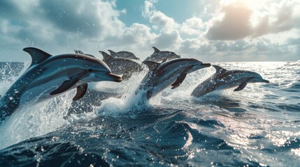 Pod of dolphins leaping together from ocean waves under cloudy skies. - obrazy, fototapety, plakaty