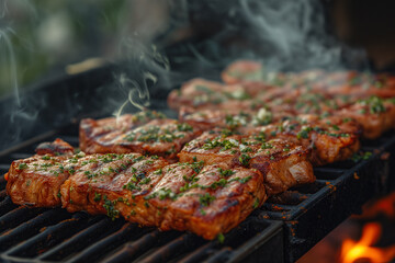 Meat ribs with smoke on a barbecue grill.