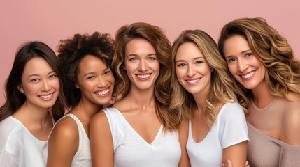 Grupo de mulheres posando para foto com fundo rosa em estúdio.