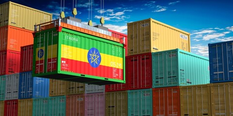 Freight shipping container with flag of Ethiopia on crane hook - 3D illustration