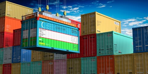 Freight shipping container with flag of Uzbekistan on crane hook - 3D illustration