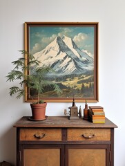 Alpine Wall Art: Vintage Snow-Capped Scene - Mountain Nature Decor and Painting