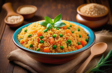 International Day of Nowruz, traditional Iranian and Turkic cuisine, national Uzbek pilaf, Halim ashi, pottery, with pieces of vegetables and herbs, photos for the menu of a restaurant or cafe