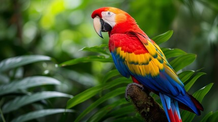 Macaw with red and blue feathers sits among leaves in a tropical forest.