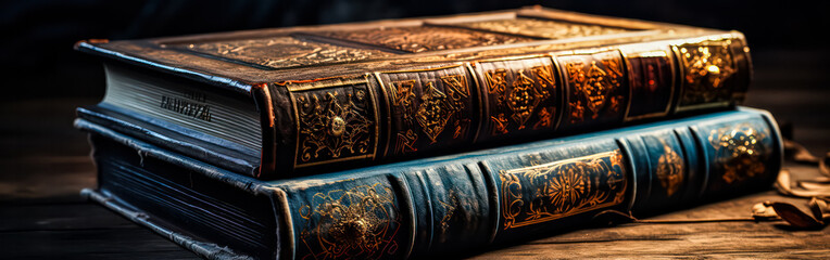 Close-up view of antique books - obrazy, fototapety, plakaty