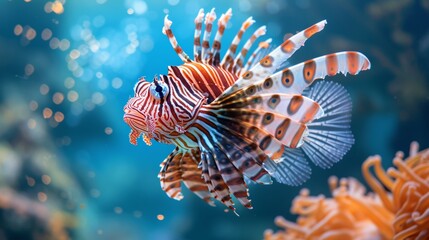 Naklejka na ściany i meble The striped beauty of a lionfish contrasts with the soft corals in a dance of ocean colors. This predator's elegant fins and bold stripes captivate the eye.