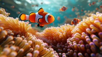 Fototapeta na wymiar An adventurous clownfish peeks from the safety of its anemone amongst the bustling life of the reef.