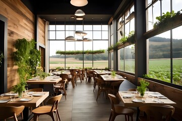 A restaurant with large windows, wooden tables and chairs, and a field outside,interior of a restaurant