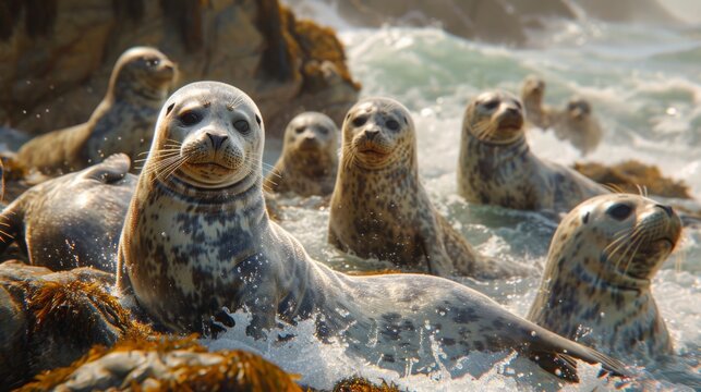 Seals resting on coastal rocks as waves crash around them, depicting life in a dynamic marine ecosystem.