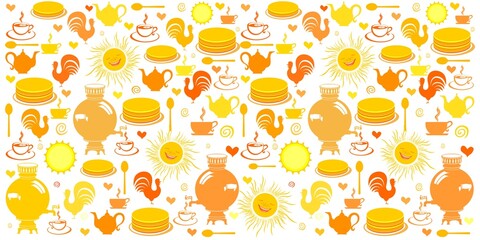 Holiday Shrovetide. Russian folk festivities. The symbols of the holiday is pancakes and sun. Great Russian holiday.Good for textile fabric design, wrapping paper, website wallpapers, textile. 