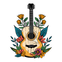 A beautiful guitar adorned with flowers in this stunning illustration, generative ai.