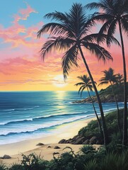 Fototapeta na wymiar Silhouetted Palm Beaches: A Stunning Nature Art of Ocean View