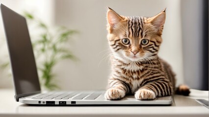 Small striped domestic kitty. Kitten sitting on laptop keyboard in white room. Freelance , remotely online work and education.