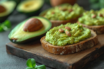 Slices of bread with sliced avocado on a wooden board