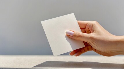 Obraz premium Blank white square greeting card opened by female hand with manicured nails on blurred white background, close up, copy text
