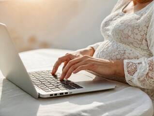 Woman on laptop with big belly advanced pregnancy on white background  - obrazy, fototapety, plakaty