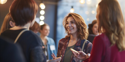 meeting within a company, networking at a reception, group of employees, businesswomen chatting at a networking event, sharing and chatting with a smile