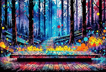 Gateway to Abstract Forest: Wooden platform invites exploration of colorful, dreamlike forest scene.