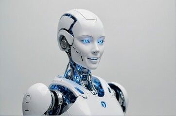 Beautiful smiling modern woman robot cyborg on white background 