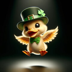 small cute duck celebrating St. Patrick’s Day, hovering in mid-air, isolated and centered on a clean black background