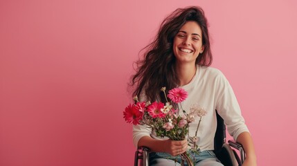 Mulher cadeirante posando com flores em um fundo fotográfico. - obrazy, fototapety, plakaty