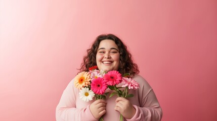 Obraz na płótnie Canvas Mulher jovem com excesso de peso posando com flores em fundo rosa