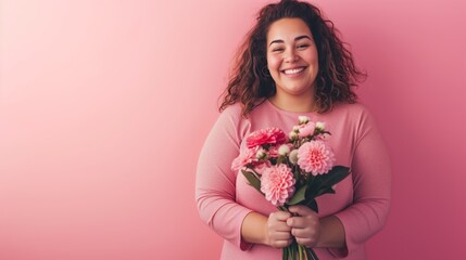 Mulher jovem com excesso de peso posando com flores em fundo rosa - obrazy, fototapety, plakaty