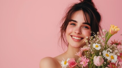 Mulher jovem sorrindo em um fundo rosa