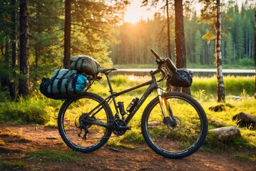 Fototapeta premium Bicycle in the forest. Camping in the forest, Camping rest in a forest road on forest sunny background