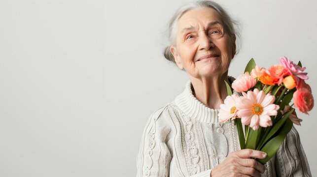 Uma mulher idosa em um fundo fotografico cinza