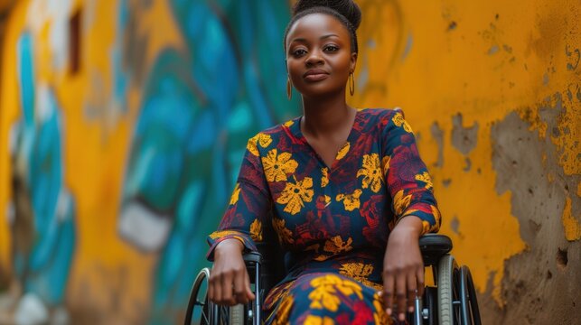 Mulher negra cadeirante sorrindo para a foto