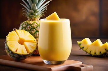 Fresh pineapple smoothie in glass. Refreshing tropical drink with pineapple - 732721983