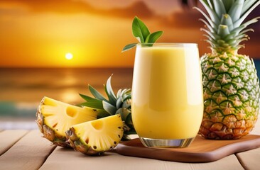 Fresh pineapple smoothie in glass. Refreshing tropical drink with pineapple