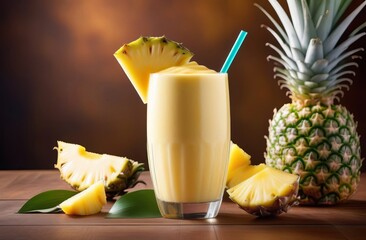 Pineapple cocktail with pineapple slice and stew. Refreshing tropical drink with pineapple - 732721996
