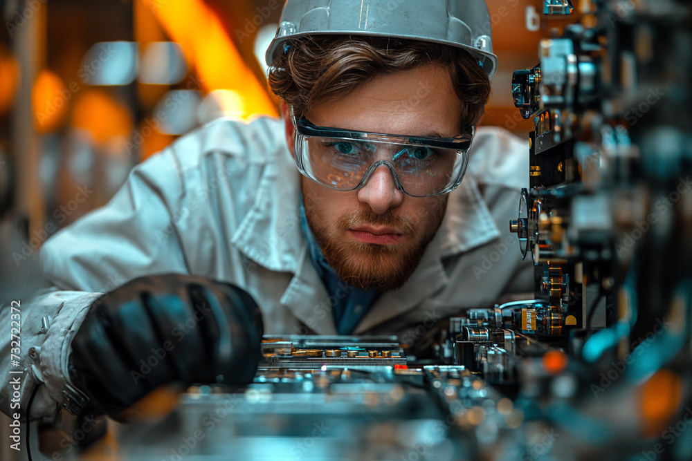 Poster Man operating assembly robot in factory.