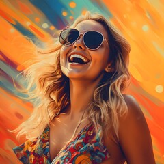 woman exuding happiness, dressed in colorful and psychedelic 1970s fashion