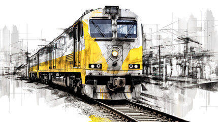Fototapeta na wymiar A charming watercolor sketch of a train with yellow gray lines