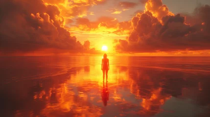 Photo sur Plexiglas Rouge 2 woman stands on shallow water watching sunset that looks like fire in the sky