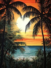 Botanical Paradise: Silhouetted Palm Beaches Ocean Scene - Beach Landscape Wall Art