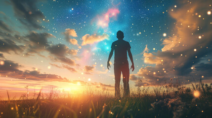 Obraz premium Man Gazing at a Star-Infused Sky at Sunset