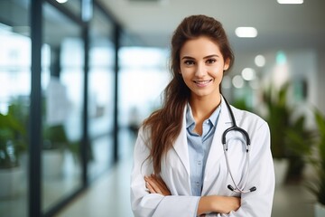 Young female doctor standing in clinic with welcoming smile - 732722913