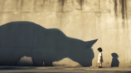 Young Child Looking At A Giant Cat Shadow On The Wall  (Generative AI)