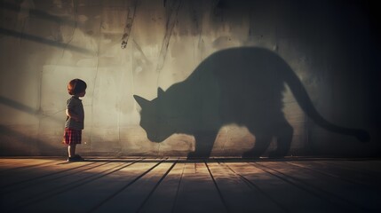 Young Child Looking At A Giant Cat Shadow On The Wall  (Generative AI)