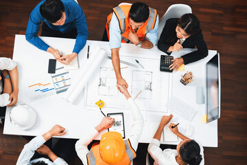 Top panorama of diverse group of civil engineer and client shake hand after make successful...