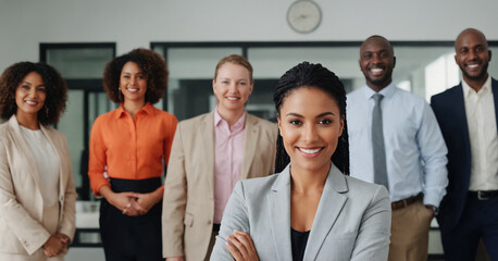 Obraz premium A diverse and happy group of employees stands confidently in the office, embodying teamwork and success.